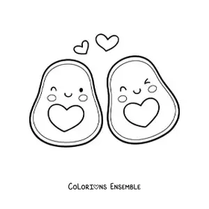 Image à colorier d’un couple d’avocats kawaii avec des cœurs dans les airs