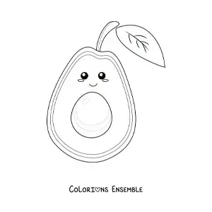 Image à colorier d’un avocat kawaii aux yeux brillants avec sa feuille