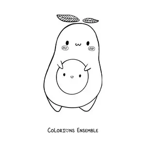 Image à colorier d’un mignon avocat animé tenant son noyau souriant et animé
