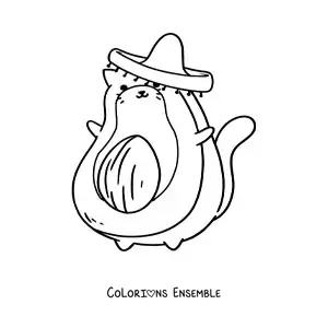 Image à colorier d’un chat animé en forme d’avocat portant un sombrero mexicain
