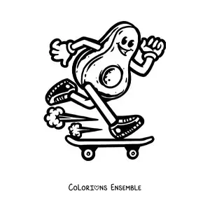 Image à colorier d’un avocat animé filant à toute vitesse sur une planche à roulettes