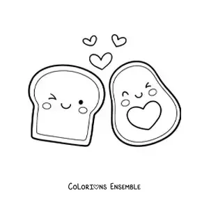 Image à colorier d’un avocat kawaii à côté d’une tartine animée, avec des cœurs dans les airs