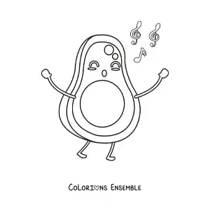 Image à colorier d’un avocat animé chantant avec des notes de musique qui flottent