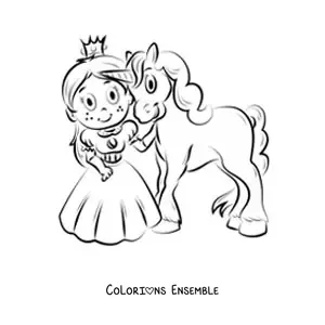 Image à colorier d’une petite princesse avec une licorne