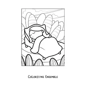 Image à colorier d’une fillette dormant paisiblement dans un lit, avec un paysage en arrière-plan
