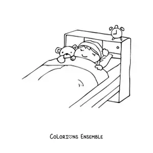 Image à colorier d’une fillette dormant dans un lit à côté d’un ours en peluche et d’un réveil