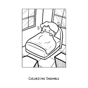 Image à colorier d’un enfant effrayé dans son lit, se couvrant avec les draps