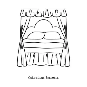 Image à colorier d’un lit ancien à baldaquin avec deux oreillers