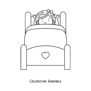 Image à colorier d’un lit en bois avec une fillette dormant bien bordée