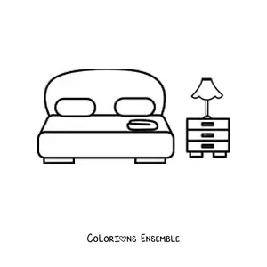 Image à colorier d’un lit double avec deux oreillers à côté d’une table de chevet