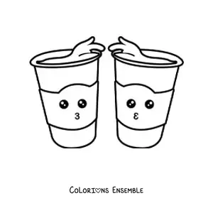 Image à colorier de deux gobelets kawaii animés débordant de café