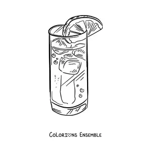 Image à colorier d’un verre réaliste rempli de soda et de glaçons, décoré d’une rondelle de citron