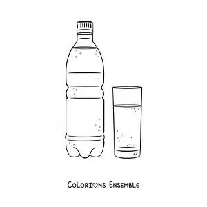 Image à colorier d’une bouteille à côté d’un verre rempli d’eau