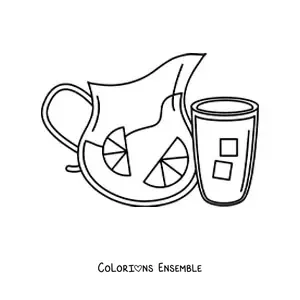 Image à colorier d’un verre plein à côté d’une carafe pleine de limonade et de glaçons