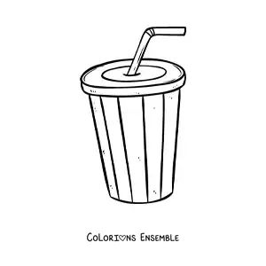 Image à colorier d’un gobelet de soda jetable avec une paille pliée