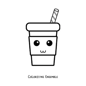 Image à colorier d’un gobelet en plastique animé avec une paille à rayures