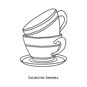 Image à colorier d’une tasse posée sur une autre tasse dans une soucoupe