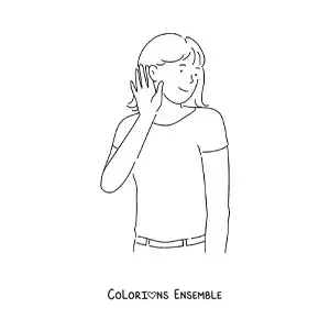 Image à colorier d’une fille qui écoute, la main posée sur l’oreille