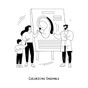 Image à colorier d’un médecin expliquant à ses patients comment fonctionne l’audition