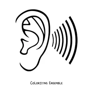 Image à colorier d’une oreille à côté d’ondes sonores
