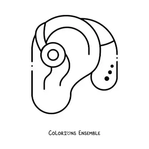 Image à colorier d’un appareil auditif placé sur une oreille