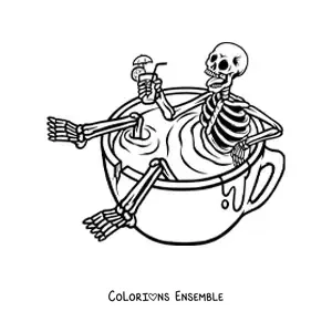 Image à colorier d’un squelette humain animé buvant une boisson rafraîchissante, assis dans une tasse bien pleine