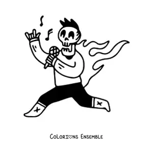 Image à colorier d’un squelette humain habillé qui chante du rock avec des flammes dans le dos