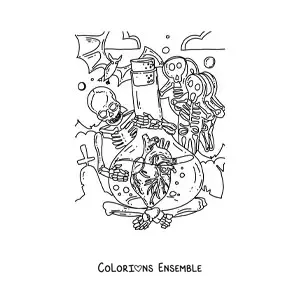 Image à colorier d’un squelette tenant une fiole avec un cœur humain, entouré de décorations d’Halloween
