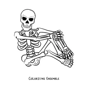 Image à colorier d’un squelette humain posant assis par terre, une jambe repliée