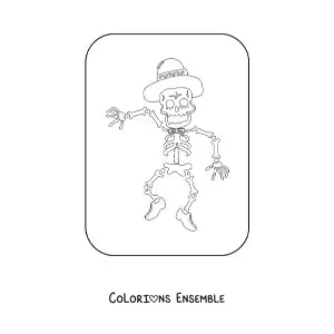 Image à colorier d’un squelette humain qui danse avec un chapeau pour le jour des morts