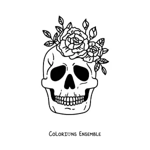 Image à colorier d’un crâne décoré de fleurs sur le dessus