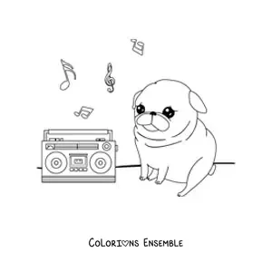 Image à colorier d’un carlin kawaii qui écoute de la musique à la radio, avec des notes de musique en l’air