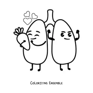 Image à colorier d’une paire de poumons animés et joyeux tenant une carotte bonne pour la santé