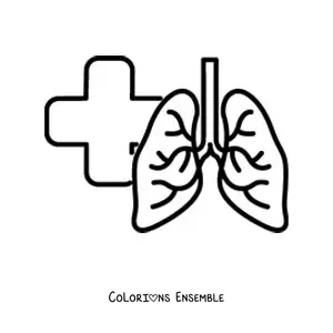 Image à colorier de poumons en bonne santé avec une croix en arrière-plan