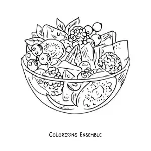 Image à colorier d’une salade de fruits réaliste dans un récipient en verre