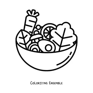Image à colorier d’une salade avec de la laitue, de la carotte et des œufs dans un récipient