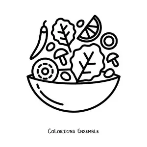 Image à colorier d’une salade avec des poivrons, de la laitue et des champignons dans un récipient