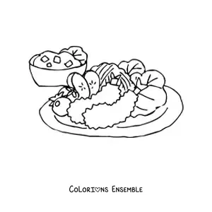 Image à colorier d’un plat avec des crevettes frites et une salade