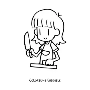 Image à colorier d’une petite fille qui coupe une carotte pour préparer une salade