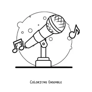 Image à colorier d’un microphone sans fil sur pied avec des notes de musique en arrière-plan