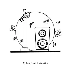 Image à colorier d’un microphone sur pied avec un haut-parleur, et des notes de musique en arrière-plan