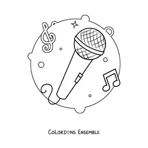 Image à colorier d’un microphone avec des notes de musique en arrière-plan