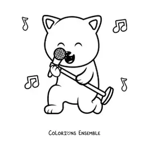 Image à colorier d’un chat animé qui chante au microphone, avec des notes de musique en arrière-plan