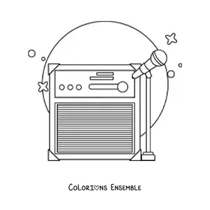 Image à colorier d’un microphone sur pied avec un amplificateur