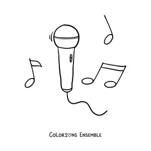Image à colorier d’un microphone avec des notes de musique en arrière-plan