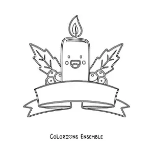 Image à colorier d’une bougie de Noël kawaii animée avec du gui et un ruban