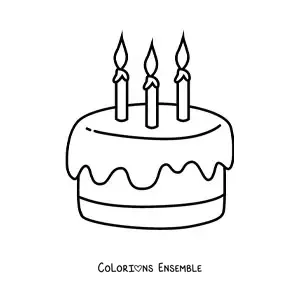 Image à colorier de trois bougies sur un gâteau d’anniversaire