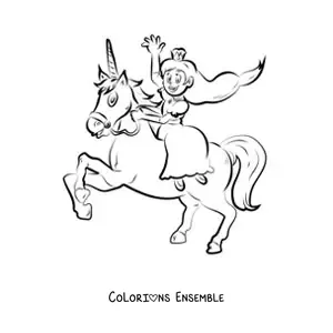 Image à colorier d’une princesse montant une licorne et saluant de la main