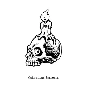Image à colorier d’une bougie d’Halloween posée sur un crâne effrayant