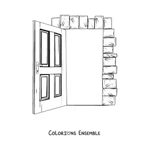 Image à colorier d’une porte en bois ouverte avec un cadre en briques